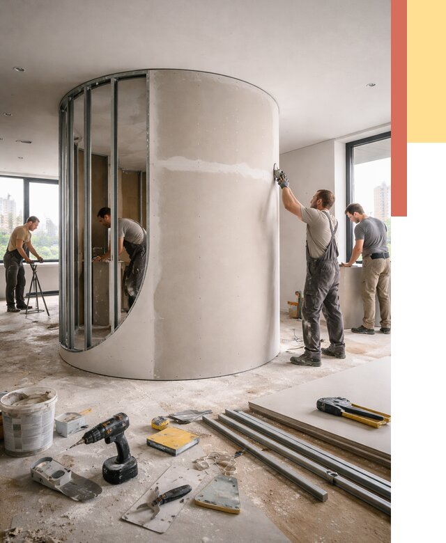 Радиусная перегородка из гипсокартона в Шадринске от 2999 руб. под ключ | ОТДЕЛОЧНИК-Шдр