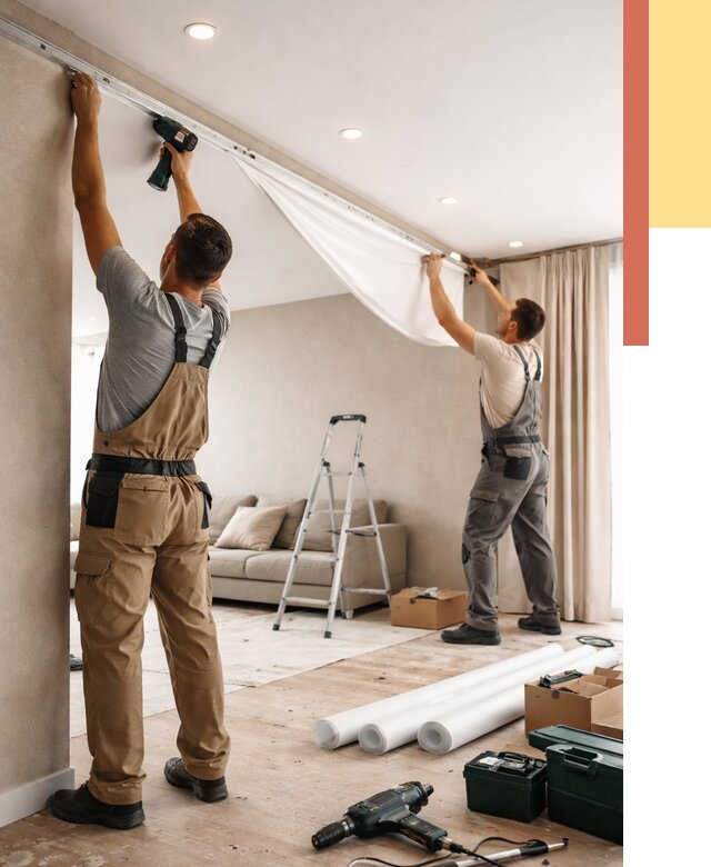 Монтаж натяжного потолка в гостиной в Шадринске от 569 руб. | ОТДЕЛОЧНИК-Шдр