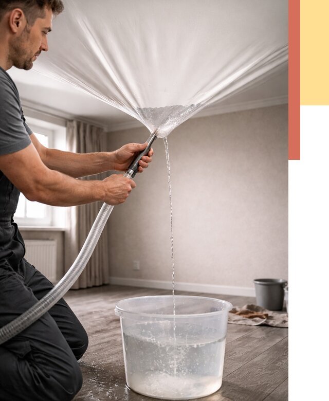 Слив воды с натяжного потолка в Шадринске от 2585 руб. быстро и недорого | ОТДЕЛОЧНИК-Шдр