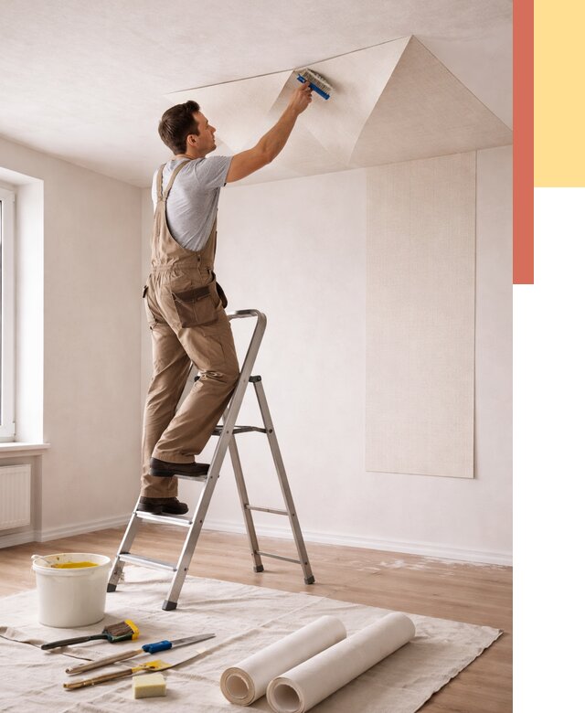 Поклейка обоев на потолок в Шадринске от 4653 руб. быстро и недорого | ОТДЕЛОЧНИК-Шдр